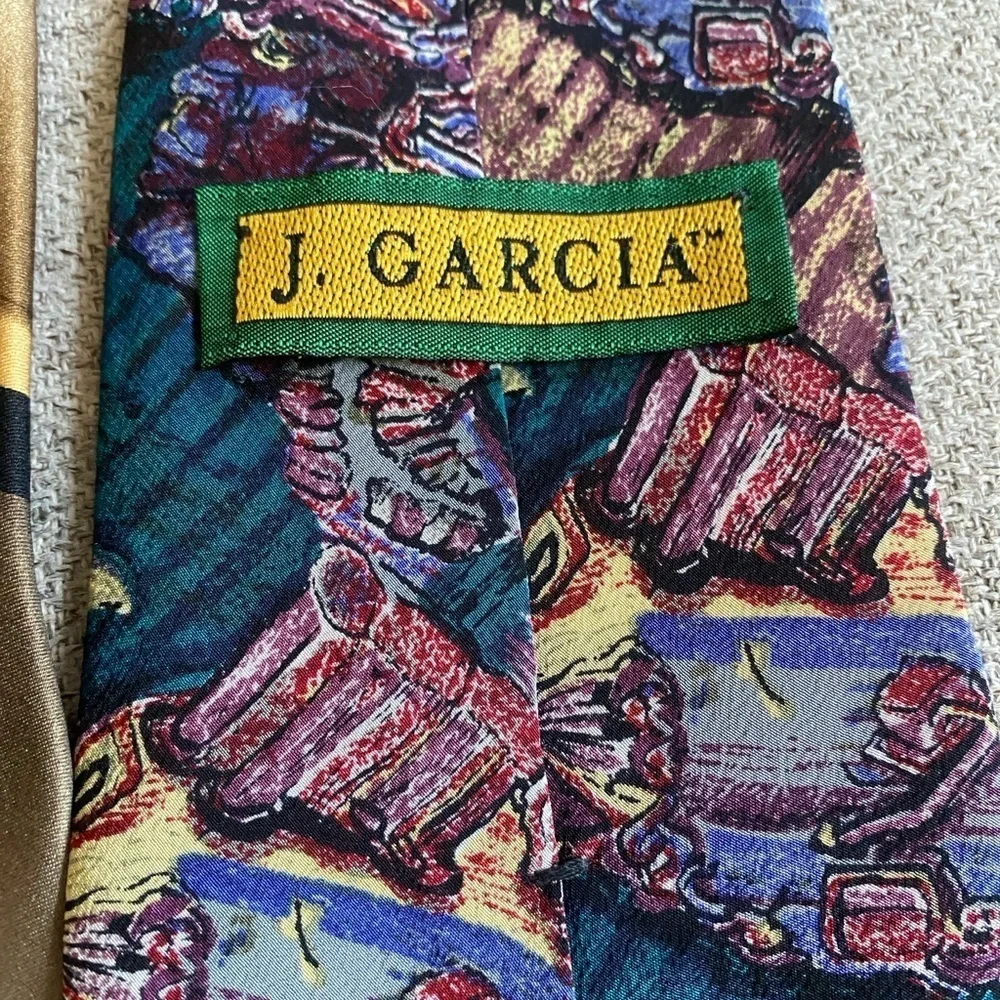 J. Garcia Vintage Silk Tie Set – Black & Gold Abstract + Multicolor Pattern